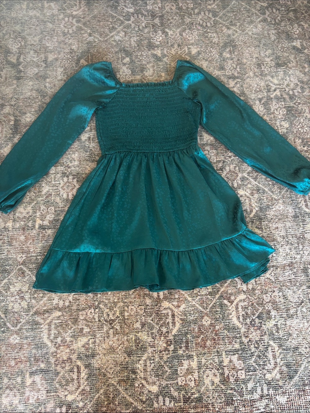 art class Teal Smocked Bodice Long Sleeve Ruffle Hem Dress
